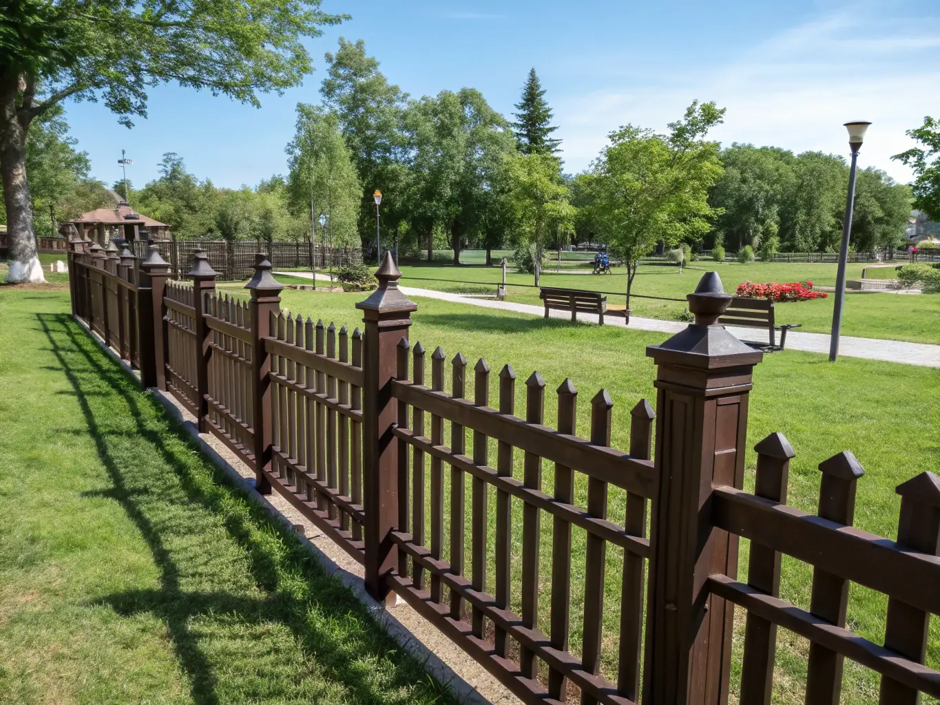 A newly installed wooden fence surrounds a well-manicured lawn, showcasing the craftsmanship and aesthetic appeal of RGE Services' fencing solutions.