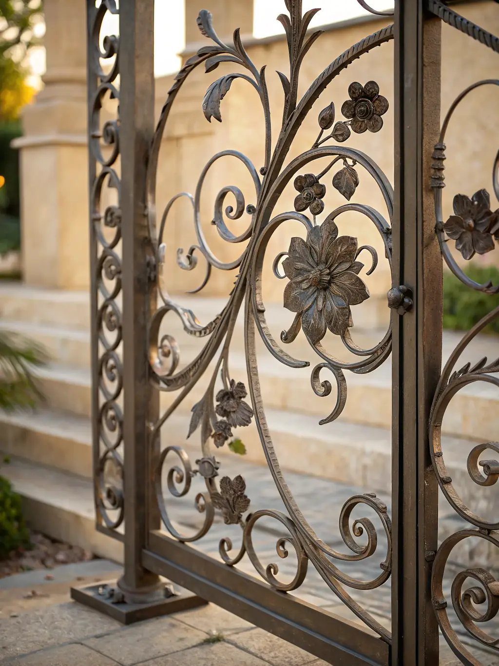 A wrought iron gate with intricate scrollwork, custom-designed and installed by RGE Services, providing an elegant and secure entrance to a San Antonio estate.