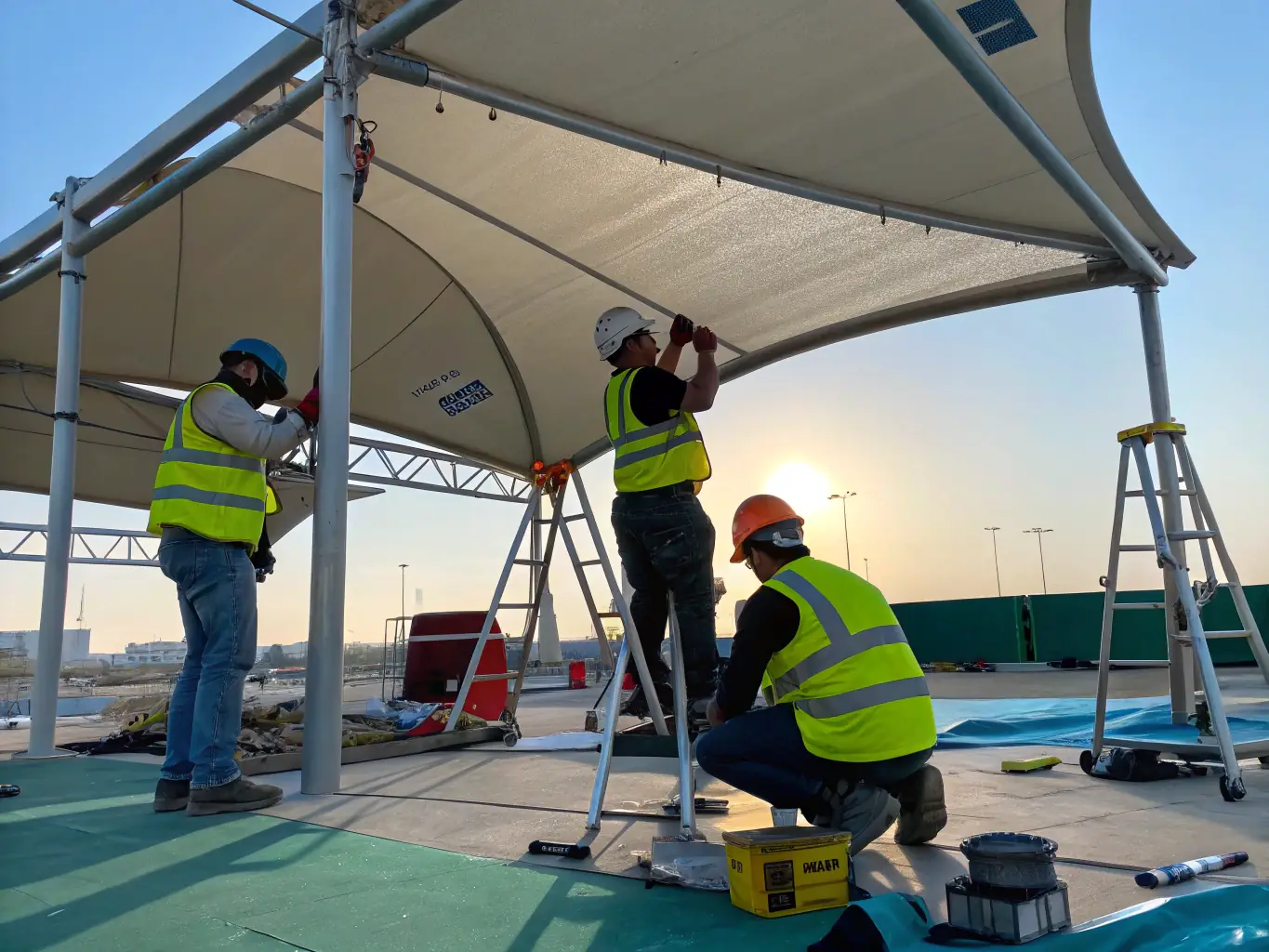 A team of RGE Services professionals repairing a roof on a commercial building, demonstrating their expertise in general contracting and property maintenance.