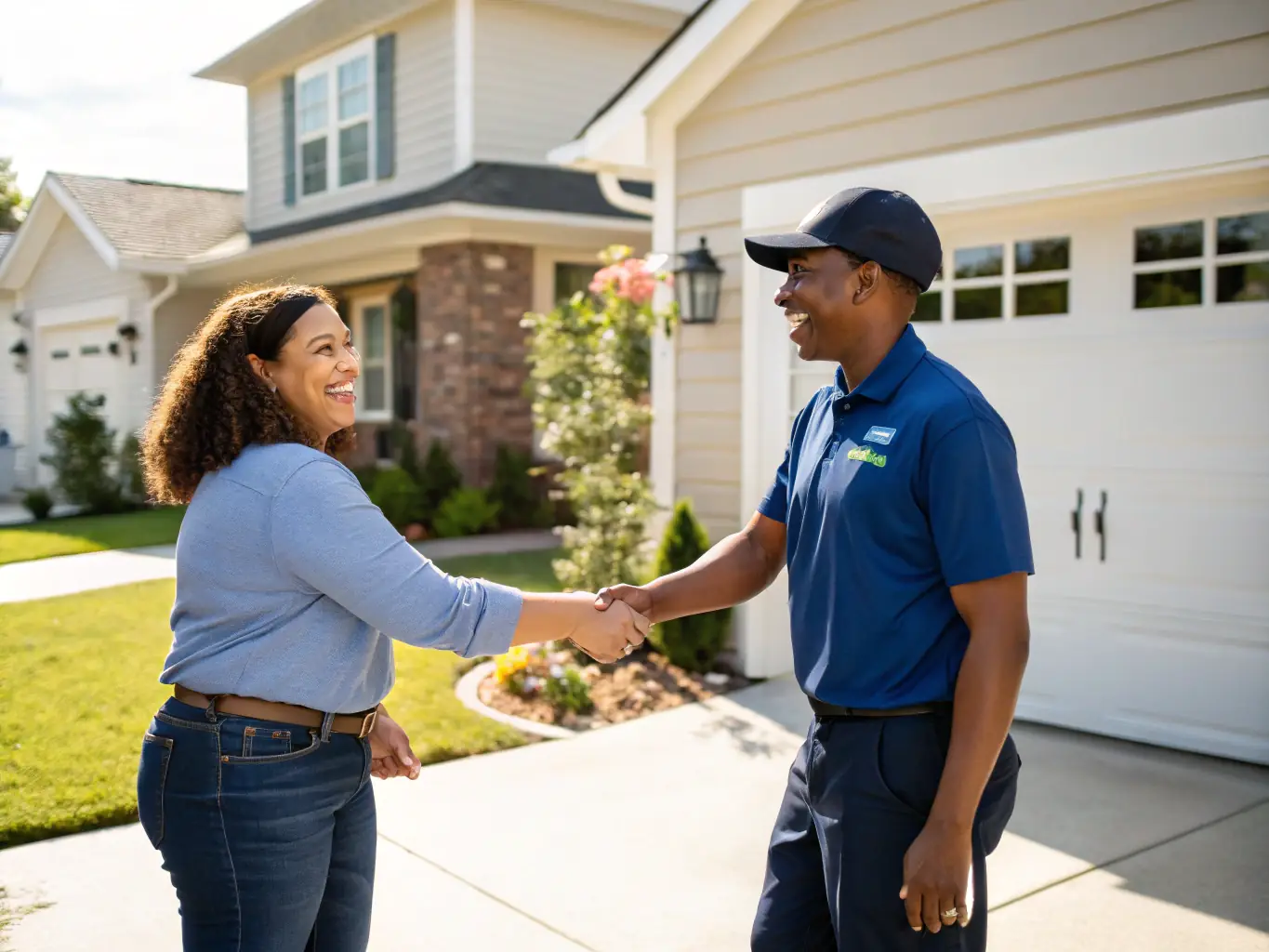 A satisfied customer shaking hands with an RGE Services team member in front of a newly installed custom gate, emphasizing customer satisfaction and reliable service.