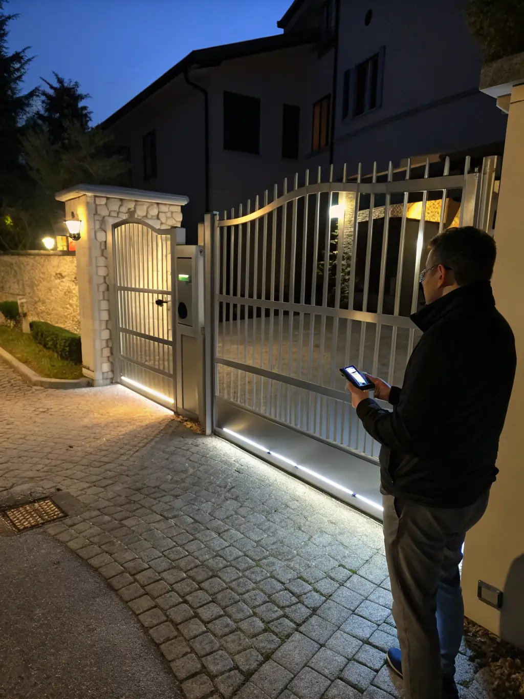 An automatic driveway gate made of steel, showcasing its robust construction and smooth operation, installed by RGE Services for a commercial property in San Antonio.