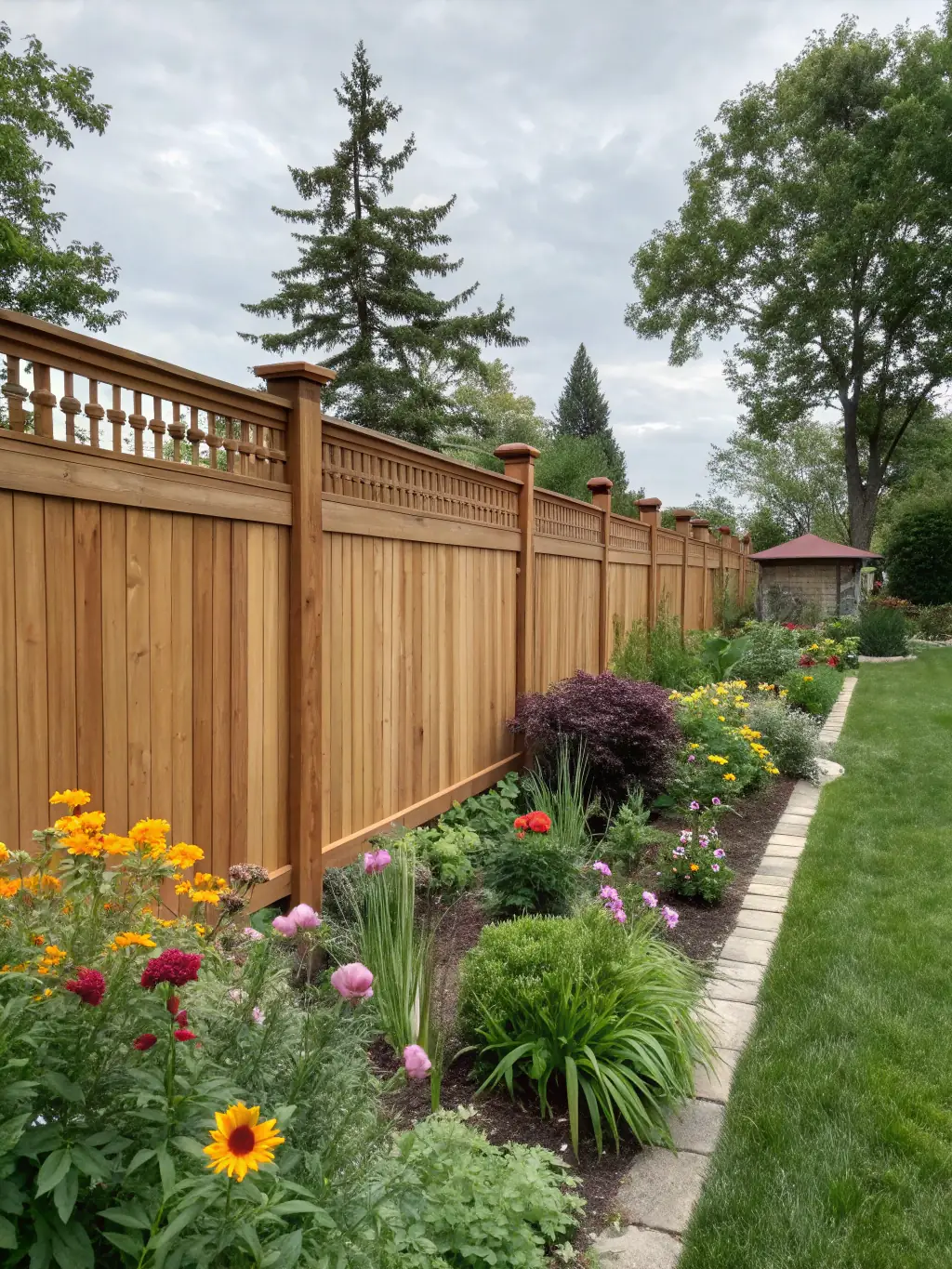 A close-up shot of a newly installed cedar wood fence, showcasing the natural grain and warm tones of the wood, installed by RGE Services in a San Antonio backyard.