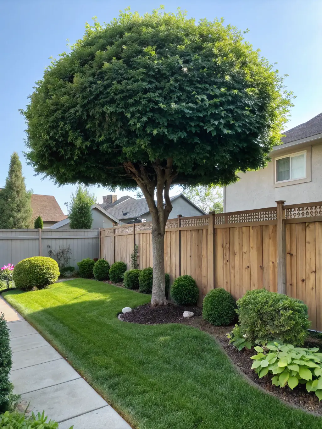 A beautifully crafted wooden fence with a custom-designed gate in a well-manicured residential garden, showcasing the quality and aesthetic appeal of RGE Services' fence installation.