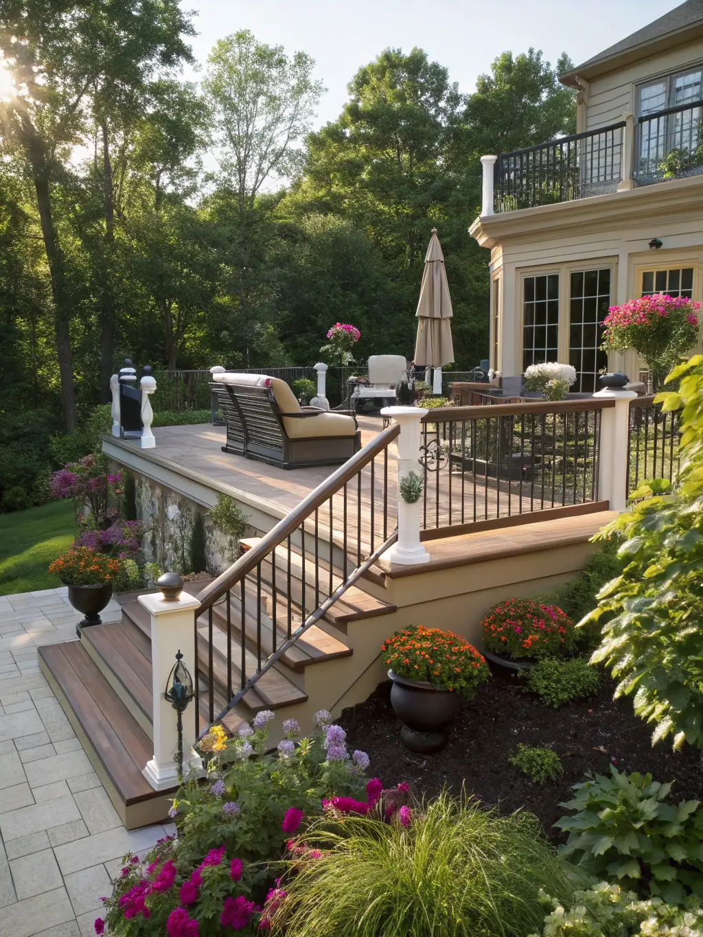 A newly constructed wooden deck with stylish railings in a backyard setting, illustrating the quality and craftsmanship of RGE Services' deck building services.