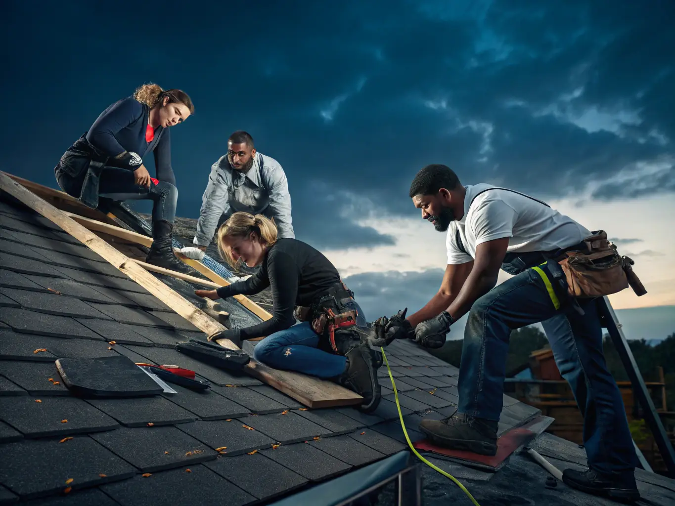 An image of a team efficiently completing a roof repair project on a commercial building, highlighting RGE Services' general contracting capabilities.