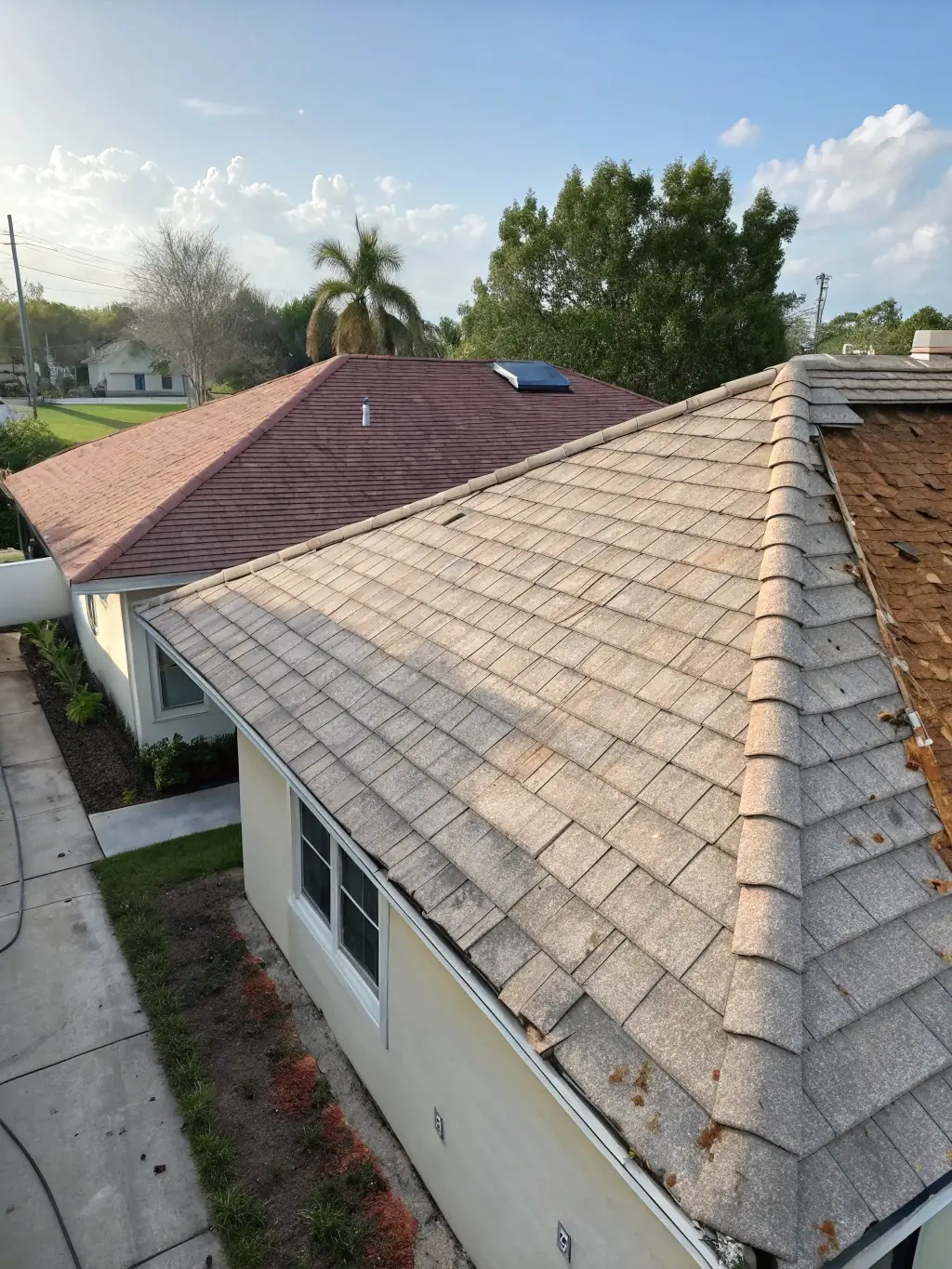 A before-and-after shot of a property where RGE Services performed roof repair and power washing, showcasing the transformation and quality of their general contracting services.