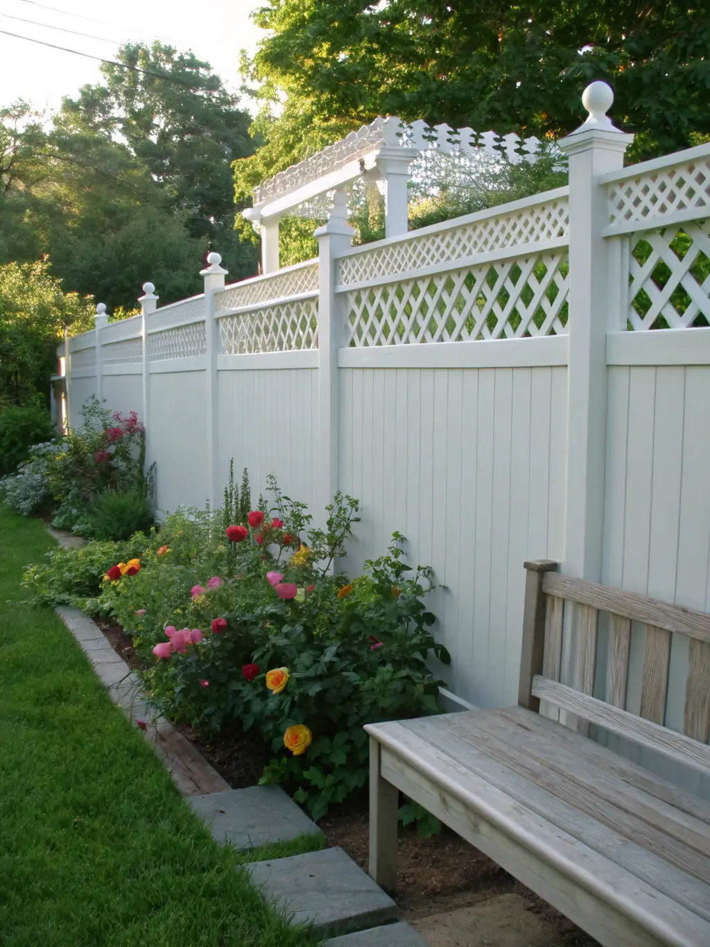 A vinyl privacy fence in a residential backyard, highlighting its clean lines, uniform color, and low-maintenance qualities, installed by RGE Services.